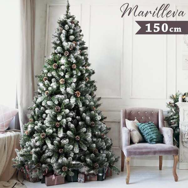 Albero di Natale Innevato Marilleva 150 cm 522 Rami Super Folto con Pigne in PVC Verde