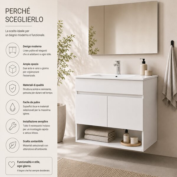 Mobile Bagno Sospeso 81x46x64 cm con Lavabo Specchio e 2 Ante in Truciolato e MDF Bianco