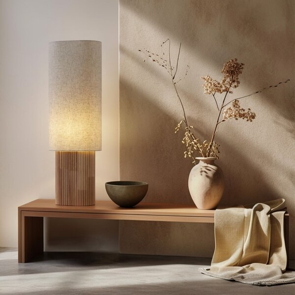 Lampada da terra Japandi in legno con paralume in lino 90cm - Lamel
