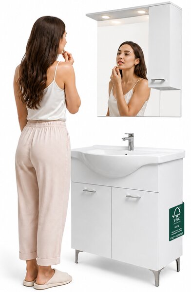 Mobile Bagno da Terra 82x34,7x88,5 cm con Lavabo Specchiera e 2 Ante in Truciolato e MDF Bianco