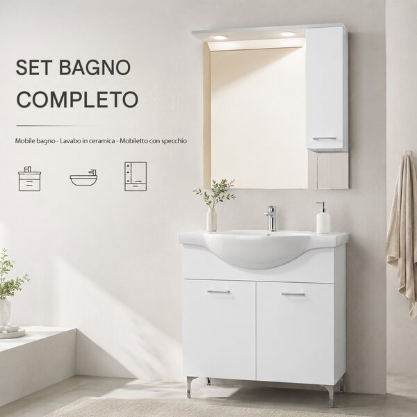 Mobile Bagno da Terra 82x34,7x88,5 cm con Lavabo Specchiera e 2 Ante in Truciolato e MDF Bianco