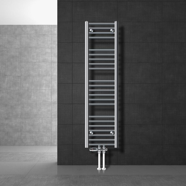 LuxeBath Radiatore da bagno attacco centrale 300 x 1400 mm cromato diritto con termostato e set di collegamento Radiatore da pavimento cromato Passage, senza elemento riscaldante