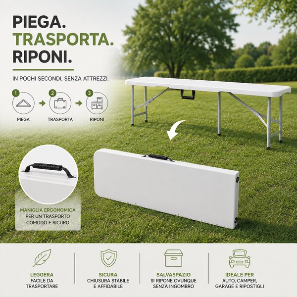 Panca Pieghevole da Esterno 182x28x43 cm con Seduta in HDPE e Struttura in Acciaio Bianco