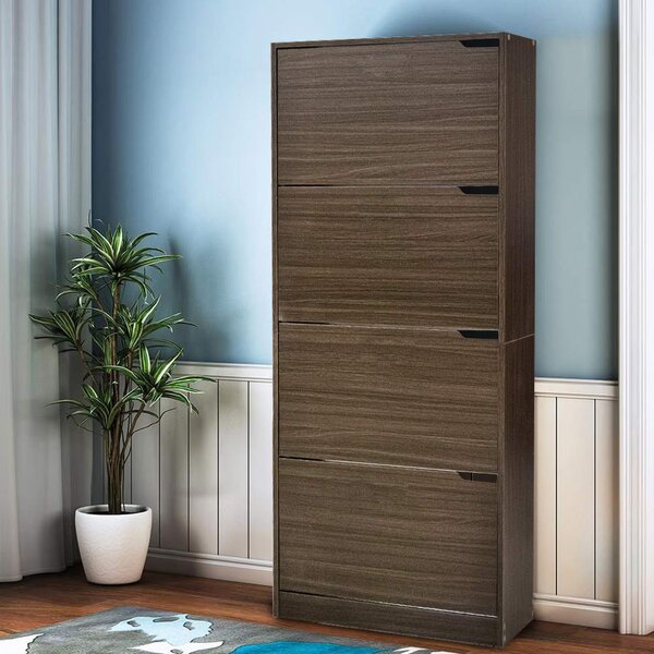 Scarpiera 4 Ante 63x24x150 cm a Doppia Profondità con Maniglie a Scomparsa in MDF Noce