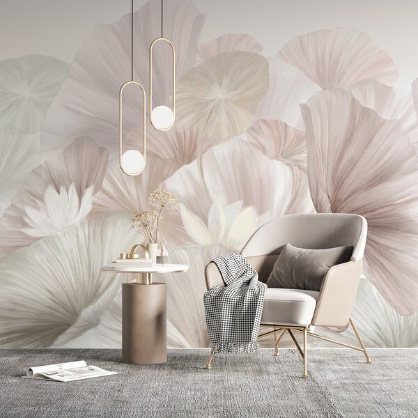 Carta da parati Delicate foglie di loto rosa con fiori bianchi dai petali morbidi, Carta da parati 3D, Carta da parati Fiori 3D, w08265v1 : Uwalls.it