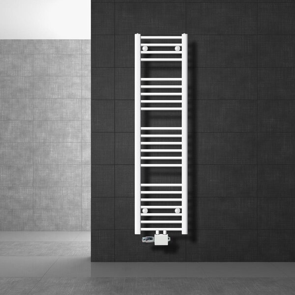 LuxeBath radiatore bagno attacco centrale 300 x 1400 mm bianco diritto con termostato e set di collegamento Angolo universale e diritto passante, senza elemento riscaldante
