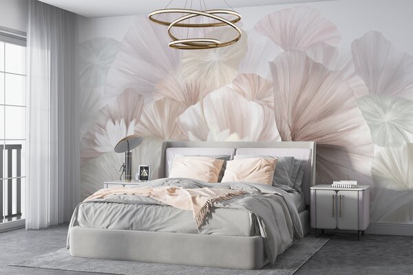 Carta da parati Delicate foglie di loto rosa con fiori bianchi dai petali morbidi, Carta da parati 3D, Carta da parati Fiori 3D, w08265v1 : Uwalls.it