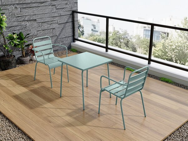 Sala da pranzo da giardino un tavolo L.70 cm e 2 poltrone impilabili in metallo Verde mandorla - MIRMANDE di MYLIA