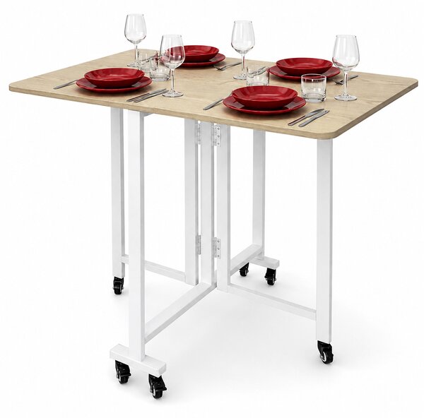 Tavolo Pieghevole Multiuso 120x80x75 cm con 4 Ruote con Freno in MDF Quercia