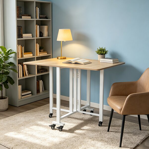 Tavolo Pieghevole Multiuso 120x80x75 cm con 4 Ruote con Freno in MDF Quercia