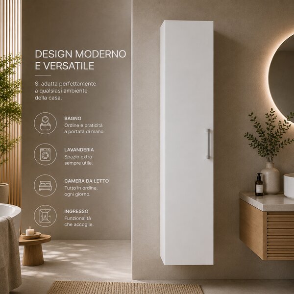 Pensile Colonna Bagno 31x16x136 cm con 1 Anta e 4 Ripiani in Vetro in Truciolato e MDF Bianco
