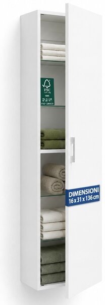 Pensile Colonna Bagno 31x16x136 cm con 1 Anta e 4 Ripiani in Vetro in Truciolato e MDF Bianco