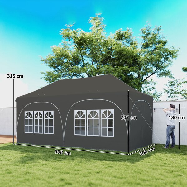 Outsunny Gazebo pieghevole 6x3 m Pop-up con 4 pannelli rimovibili altezza regolabile e borsa per il trasporto Grigio scuro | Aosom Italy