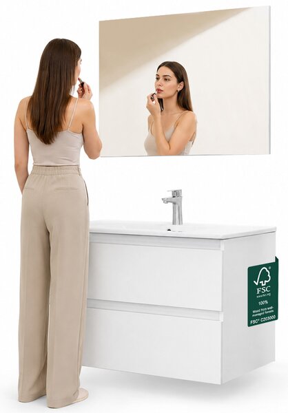 Mobile Bagno Sospeso Otranto 81x46x50 cm con Lavabo Specchio e 2 Cassetti in Truciolato e MDF Bianco