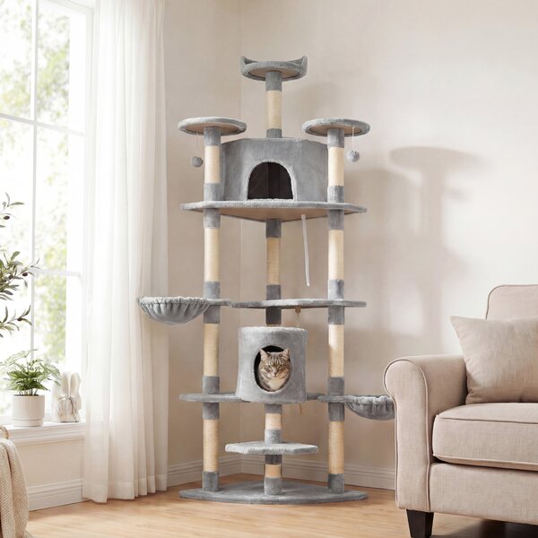 PawHut Tiragraffi per Gatti Alto con Casette e Amache Spazioso 60x60x200cm in Grigio Chiaro per Divertimento e Relax dei Tuoi Felini|Aosom