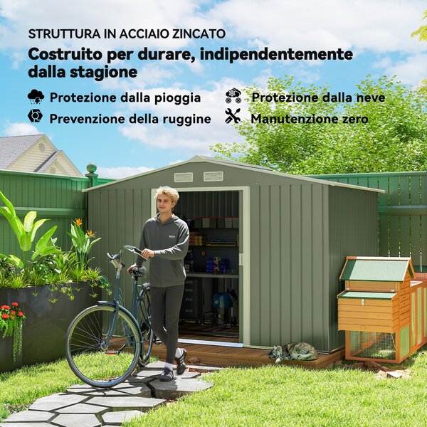 Outsunny Casetta Attrezzi Giardino in Acciaio con 2 Porte Scorrevoli e 4 Prese d'Aria, Capanno da Giardino, 277x195x192cm, Verde Chiaro | Aosom Italy
