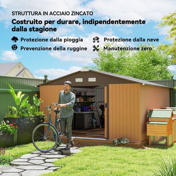 Outsunny Casetta da Giardino con 2 Porte Scorrevoli e 4 Prese d'Aria in Acciaio colorato e PP, Tetto inclinato, 340x386x200cm, Giallo | Aosom Italy