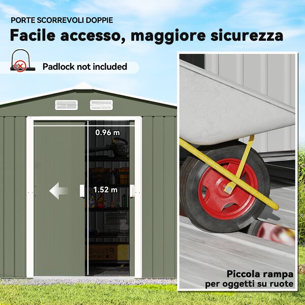 Outsunny Casetta Attrezzi Giardino in Acciaio con 2 Porte Scorrevoli e 4 Prese d'Aria, Capanno da Giardino, 277x195x192cm, Verde Chiaro | Aosom Italy