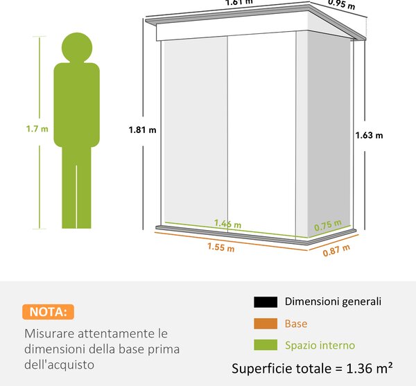 Outsunny Casetta da Giardino con Porta Bloccabile e 2 ripiani regolabili, Porta Attrezzi in Acciaio, 161x95x163/181cm, Verde | Aosom Italy