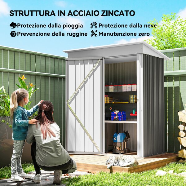Outsunny Casetta da Giardino con Porta Bloccabile e 2 ripiani regolabili, Porta Attrezzi in Acciaio, 161x95x163/181cm, Grigio | Aosom Italy