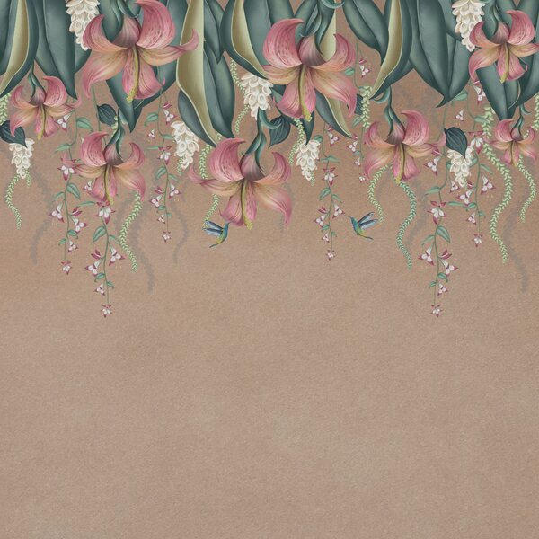 Carta da parati Delicato motivo botanico con gigli pendenti, fiori e colibrì su una, Carta da parati 3D, Carta da parati Fiori 3D, w01523 : Uwalls.it