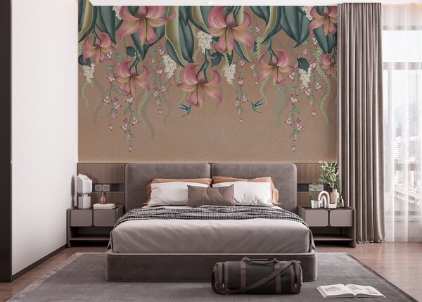 Carta da parati Delicato motivo botanico con gigli pendenti, fiori e colibrì su una, Carta da parati 3D, Carta da parati Fiori 3D, w01523 : Uwalls.it
