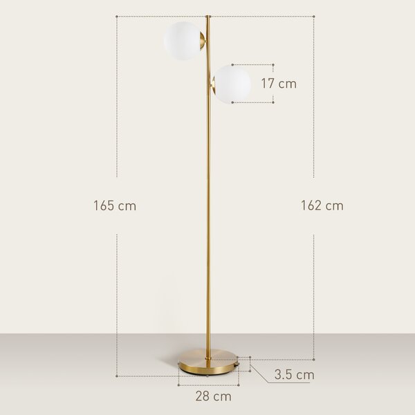 HOMCOM Lampada da Terra con 2 Luci e Paralumi a Sfera, Interruttore a Pedale e Attacco E27, Ø28x165 cm, Oro | Aosom Italy