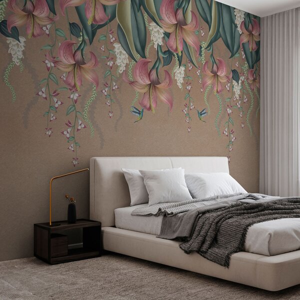 Carta da parati Delicato motivo botanico con gigli pendenti, fiori e colibrì su una, Carta da parati 3D, Carta da parati Fiori 3D, w01523 : Uwalls.it