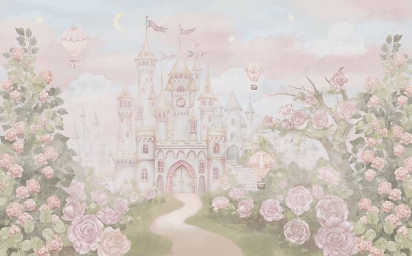 Carta da parati Castello magico con grandi fiori e alberi, Carta da parati Floreale, Carta da parati Rose, w01524 : Uwalls.it