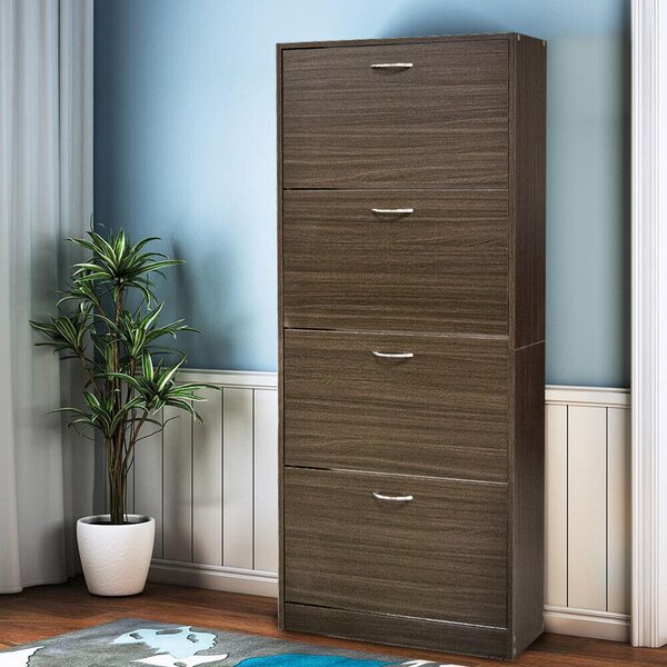 Scarpiera 4 Ante 63x24x150 cm a Doppia Profondità con Maniglie in Metallo in MDF Noce