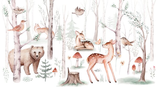 Carta da parati Gruppo di animali nel bosco, Carta da parati animali, Carta da parati popolare, w01089 - Tapeko.it