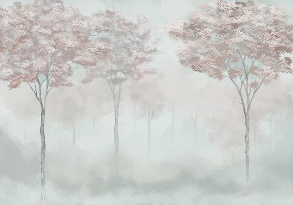 Carta da parati Silhouette di foresta nebbiosa nei colori rosa e, Carta da parati per Bambini, Carta da parati Nursery Forest, w01599v4 : Uwalls.it