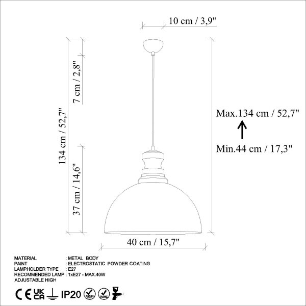 Lampadario a sospensione con filo KURE 1xE27/40W/230V diametro 40 cm grigio