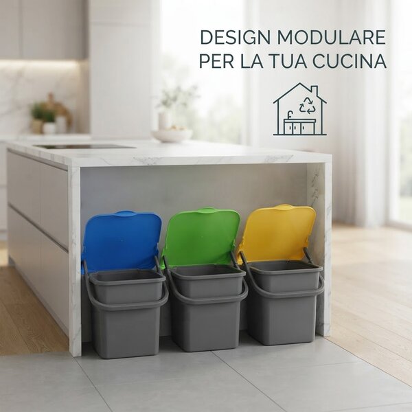Set 3 Pattumiere 18 L con Apertura Push 32x29x34 cm per Raccolta Differenziata in Plastica Grigio Antracite