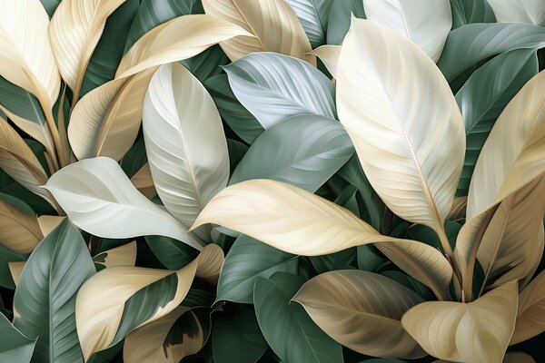 Carta da parati Grandi foglie tropicali nei colori verde e beige, Carta da parati 3D, Fotomurali Foglie 3D, w01587v1 : Uwalls.it