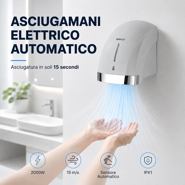 Asciugamani Elettrico da Parete 2000 W 24x24x21 cm con Fotocellula e Asciugatura in 15 Secondi in ABS Grigio