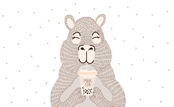Carta da parati Cartone animato di un orso che tiene in mano un tè alle bollicine, Carta da parati animali, Carta da parati popolare, w01122 - Tapeko.it