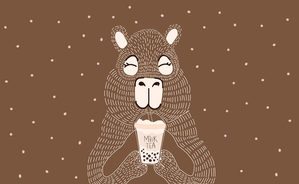 Carta da parati Animale dei cartoni animati con in mano una tazza di tè al latte, Carta da parati Gatti, Carta da parati popolare, w01122v2 - Tapeko.it