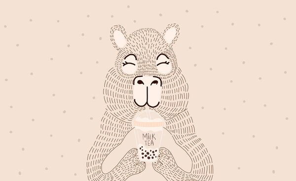 Carta da parati Cartone animato di un orso che tiene in mano un tè alle bollicine, Carta da parati animali, Carta da parati popolare, w01122v1 - Tapeko.it
