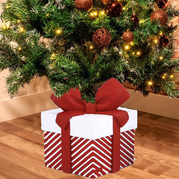 Base Albero di Natale a Pacco Regalo 36x36x47 cm Bianco e Rosso