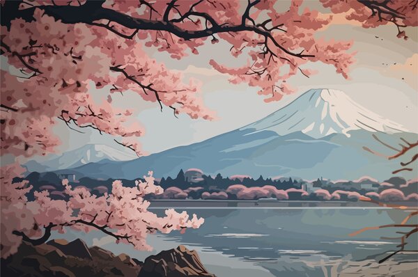Carta da parati Sakura, montagne, acquerello, Carta da parati Natura, w01664 : Uwalls.it
