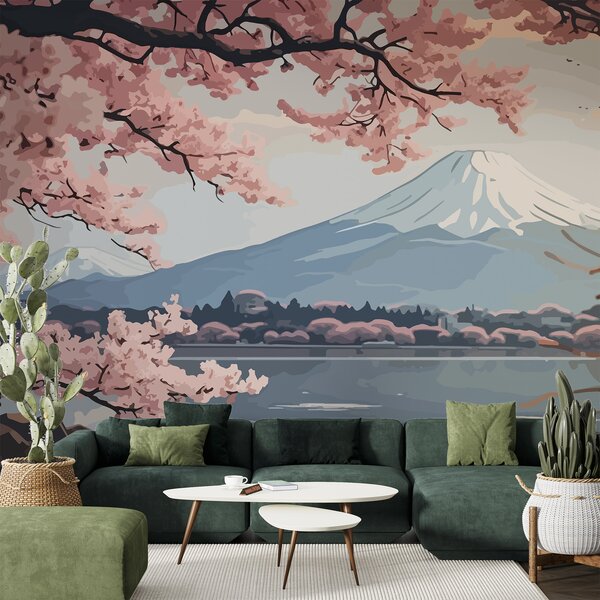 Carta da parati Sakura, montagne, acquerello, Carta da parati Natura, w01664 : Uwalls.it