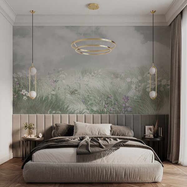 Carta da parati Fiori ed erbe selvatiche con cielo grigio e nuvole, Carta da parati Natura, w01624v3 : Uwalls.it