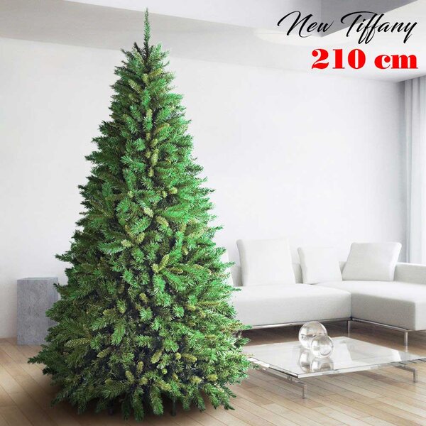 Albero di Natale New Tiffany Ø124x210 cm 1078 Rami Super Folto con Base a Croce in PVC Verde