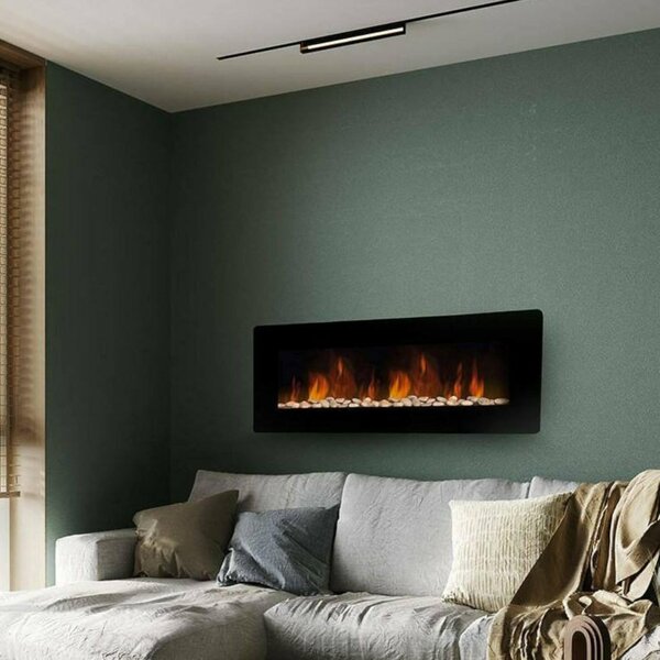 Dmora Camino Elettrico Aidone 127x11x50h cm Nero, Potenza 900/1800 w Superficie Riscaldabile 30 m2 Italy