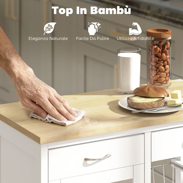 HOMCOM Carrello da Cucina in Bambù con 2 Cassetti, Armadietto, Ripiano e 2 Cestini in Acciaio, 67x35x80 cm, Bianco | Aosom Italy