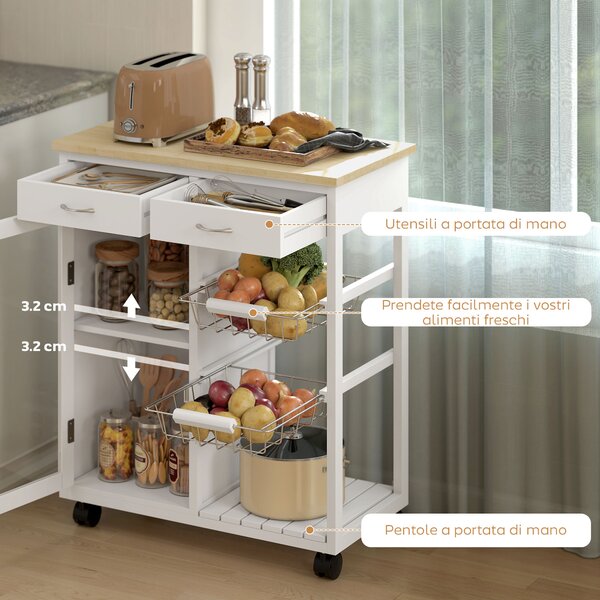 HOMCOM Carrello da Cucina in Bambù con 2 Cassetti, Armadietto, Ripiano e 2 Cestini in Acciaio, 67x35x80 cm, Bianco | Aosom Italy