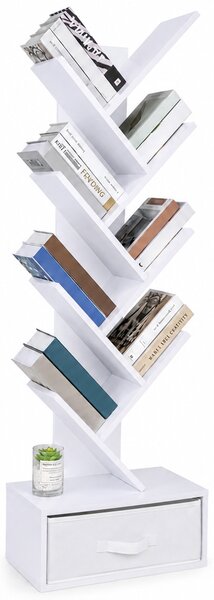Libreria Moderna a 10 Ripiani 149x38x20 cm con Cassetto in Tessuto in MDF Bianco