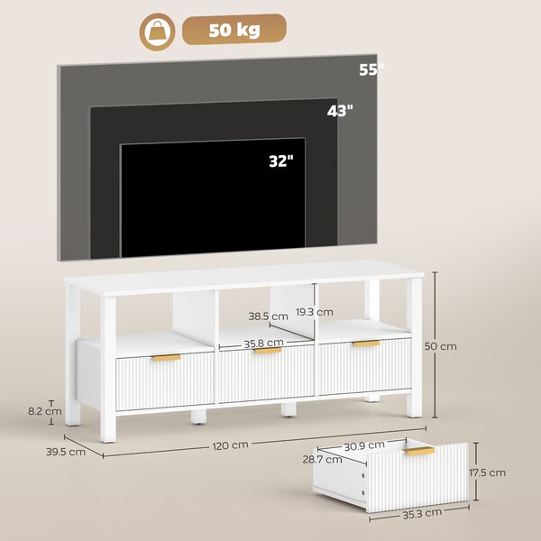 HOMCOM Mobile TV Moderno con 3 Cassetti e 3 Ripiani Aperti per Televisori 109,2-139,7 cm 120x39,5x50 cm Bianco | Aosom Italy