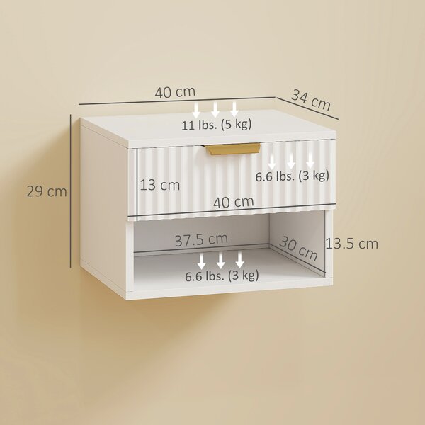 HOMCOM Set di 2 Comodini Sospesi con Pannelli Scanalati, Cassetto e Ripiano, 40x34x29 cm, Bianco | Aosom Italy